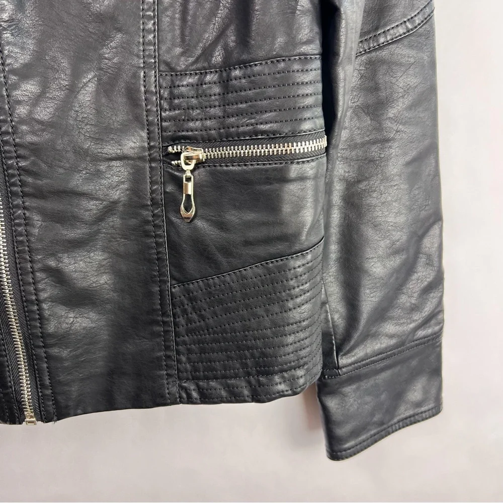 LA Coalition Black Moto Jacket, Faux Leather, Quilted, Zippered Pockets, Medium - Picture 5 of 12